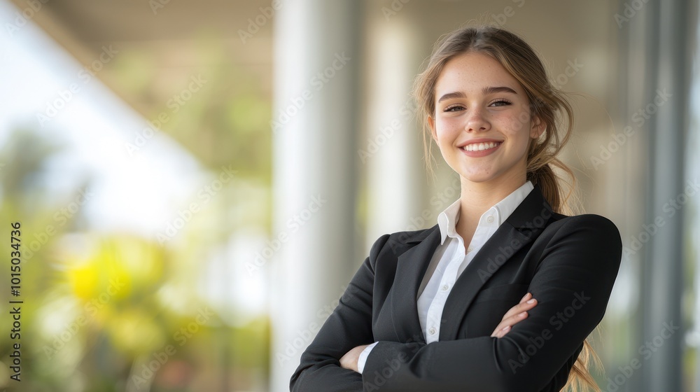 Confident young woman in a business suit smiling with arms crossed, standing outdoors.