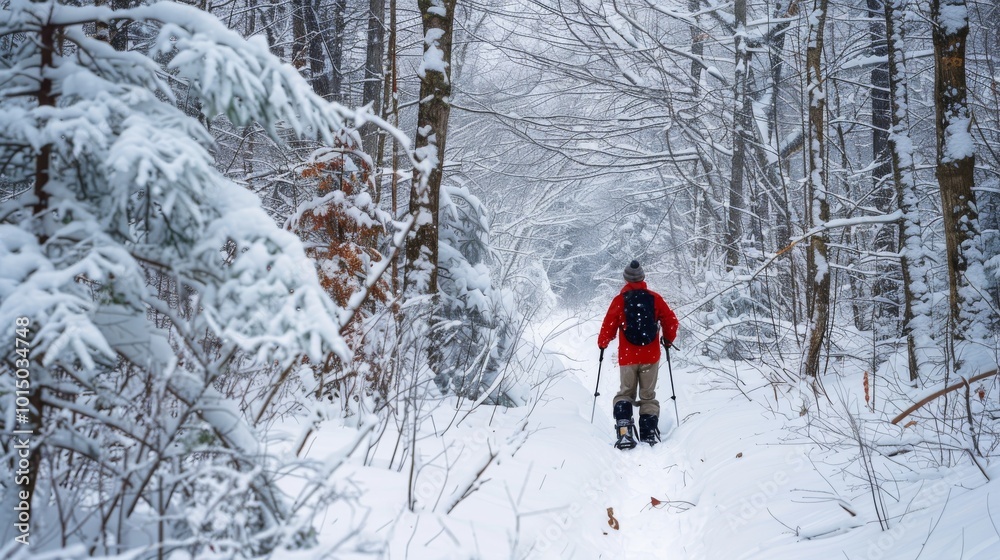 Snowshoer trekking through a snowy forest Snowshoer trekking through a snowy forest