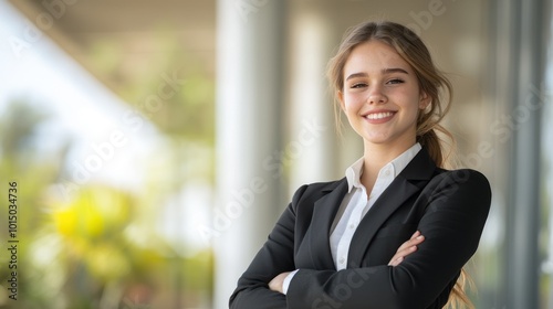 Confident young woman in a business suit smiling with arms crossed, standing outdoors. Free Download Confident young woman in a business suit smiling with arms crossed, standing outdoors. - GFXLoad