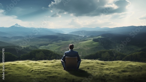 A man enjoying a thriller sitting on a grassy hill with panoramic views of the landscape.generative ai illustration