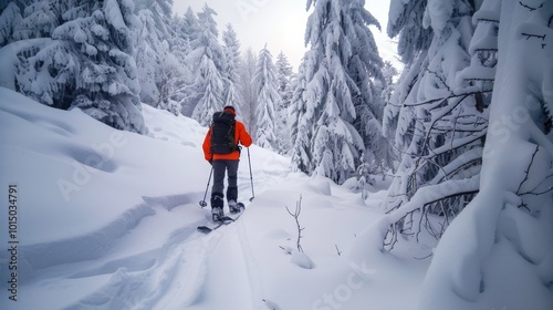 Snowshoer trekking through a snowy forest photo