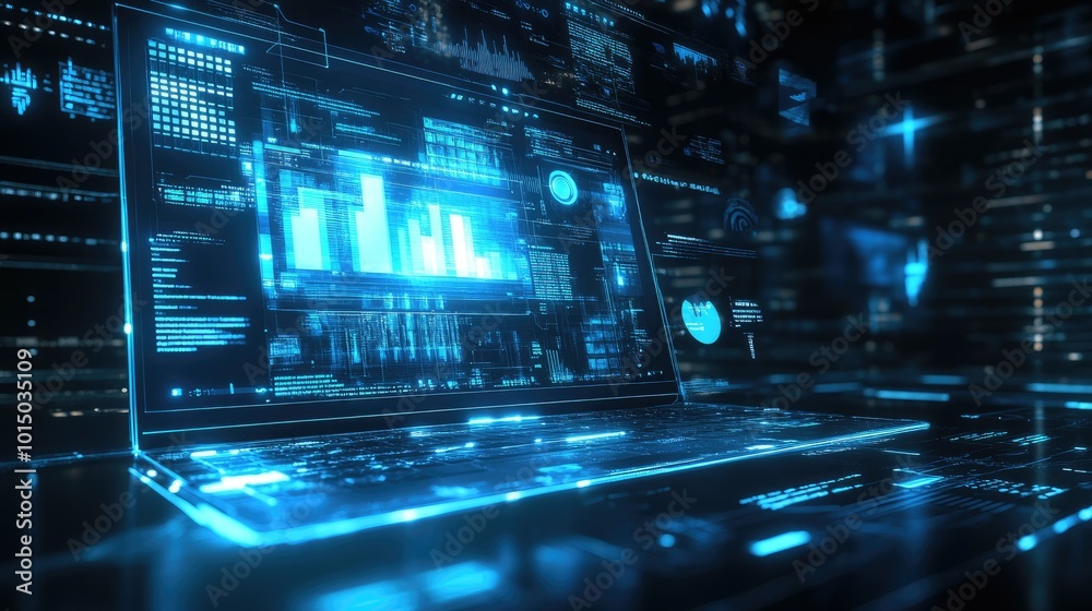 A glowing digital interface on a modern laptop, featuring a futuristic design with tech icons and data streams surrounding the screen A glowing digital interface on a modern laptop, featuring a futuristic design with tech icons and data streams surrounding the screen