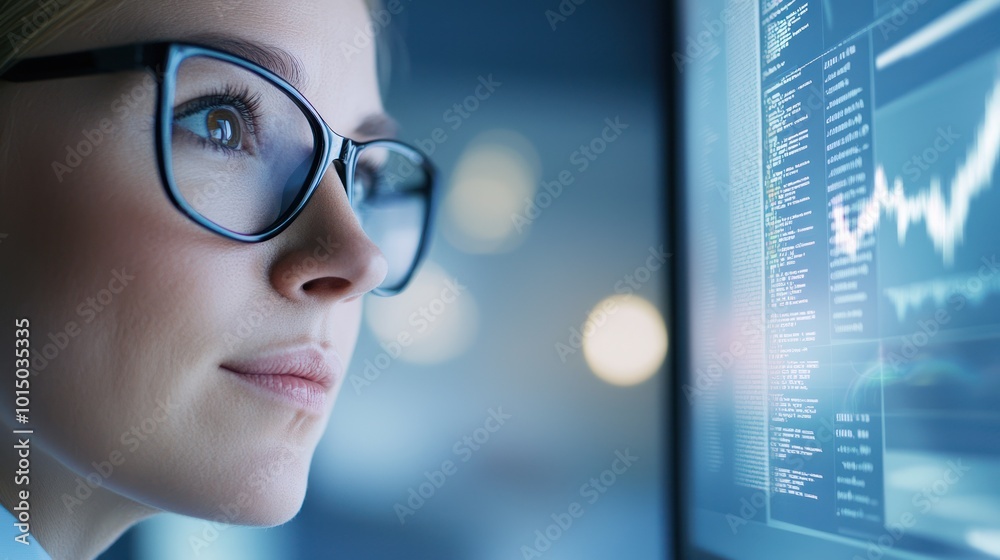 Focused professional woman analyzing data on a computer screen with financial charts. Focused professional woman analyzing data on a computer screen with financial charts.