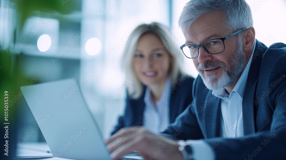 Focused professionals collaborating over a laptop in a modern office setting. Focused professionals collaborating over a laptop in a modern office setting.