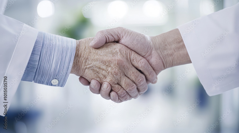 Handshake between doctor and patient in a medical setting, conveying trust and partnership. Handshake between doctor and patient in a medical setting, conveying trust and partnership.