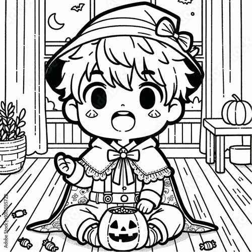 Coloring pages in black and white. Children's Halloween. A cartoon character sits on the floor with a pumpkin.