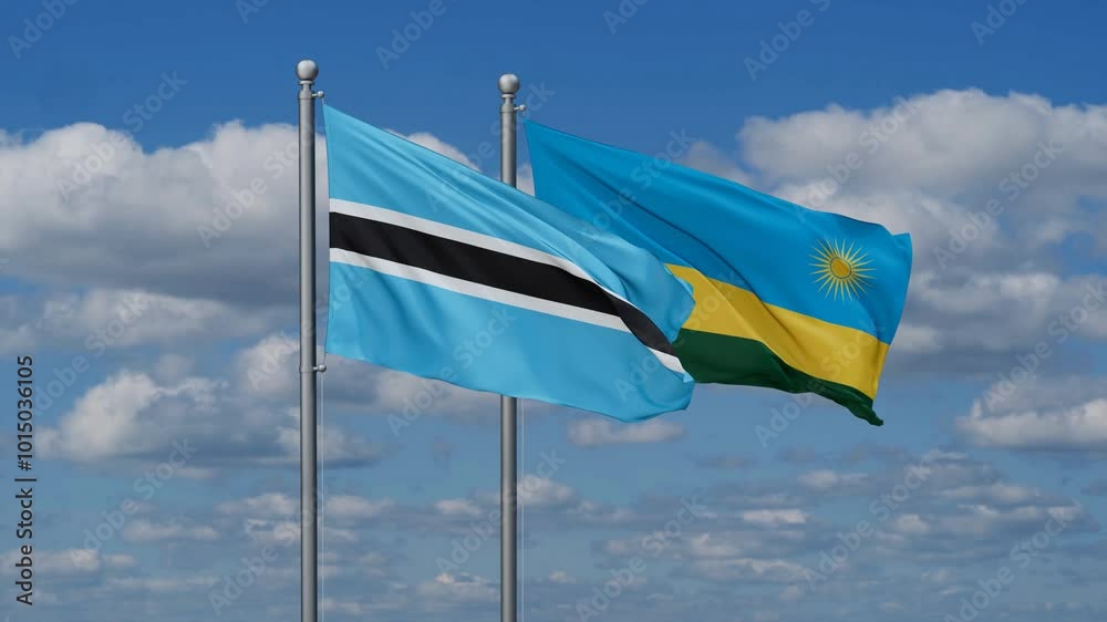 Republic of Rwanda and Botswana flags flying together, video concept of the relationship, two country cooperation concept Republic of Rwanda and Botswana flags flying together, video concept of the relationship, two country cooperation concept