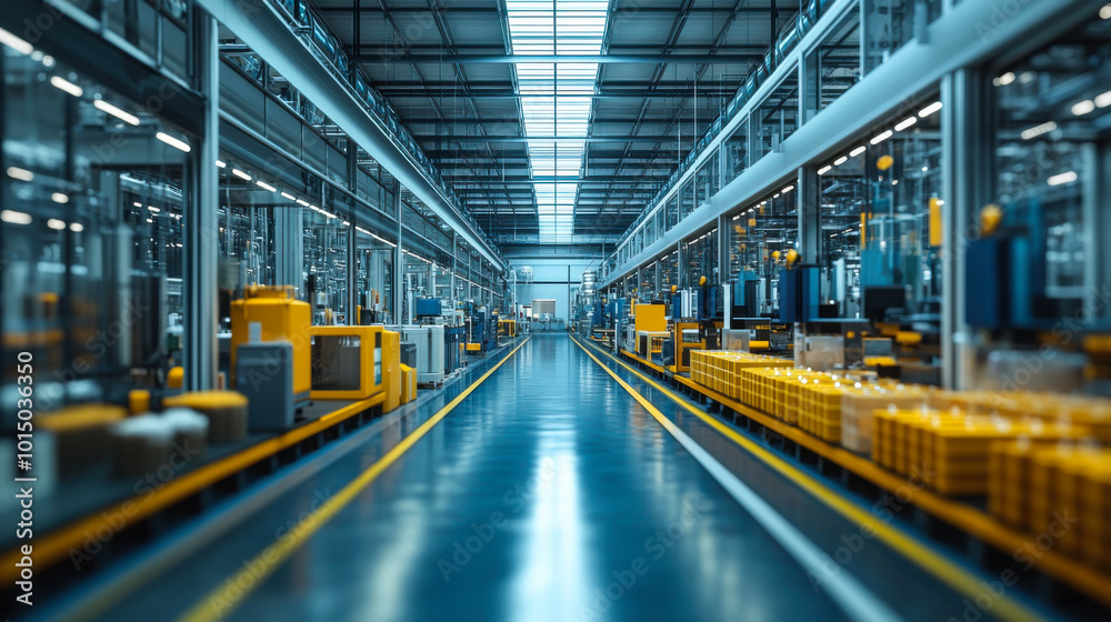 A vibrant manufacturing facility with rows of machines and stacks of yellow products during daylight operations