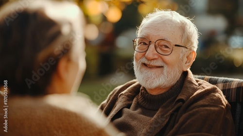 Smiling elderly man with glasses enjoys conversation in a sunny park setting.