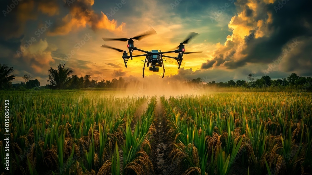 a menacing industrial drone hovers over paddy field a menacing industrial drone hovers over paddy field