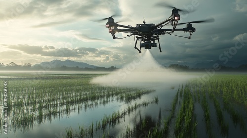 a menacing industrial drone hovers over paddy field