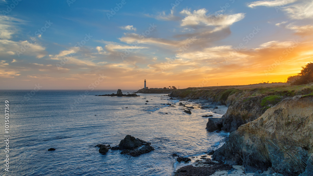 Sunset at California coast with Pigeon Point lighthouse on the Pacific Ocean, Sunset at California coast with Pigeon Point lighthouse on the Pacific Ocean,