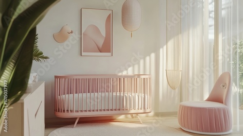 Baby Crib In A Modern Nursery With Pink And White Dacor 3d animation photo