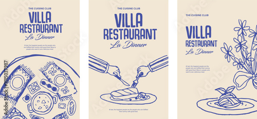 Cuisine, restaurant poster. Creative cinematic romantic fine dining. Old money, luxury vibe. French and European theme. Simple abstract silhouette illustration, hand drawing advertising poster, chic