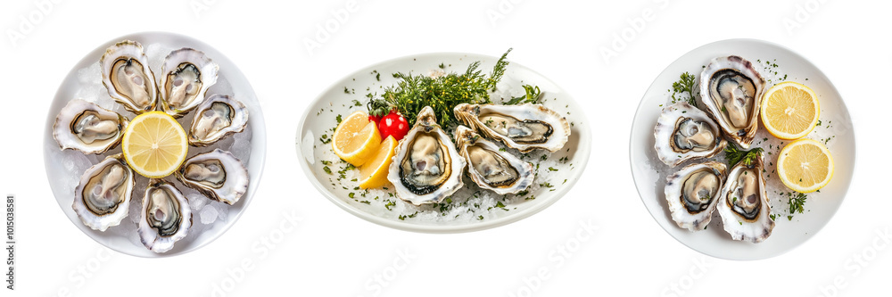 Fresh oysters seafood on white plate with ice Fresh oysters seafood on white plate with ice