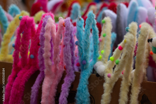 Horizontal photo. Counter with souvenirs. Shop selling carnival costumes, colorful soft fur pink, blue, yellow rabbit ears for Easter holiday. Festival Tbilisoba. City street fair. Tbilisi. Georgia photo