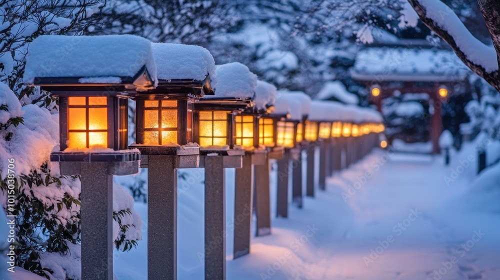 Glowing Lanterns Along Snow-Covered Pathway Glowing Lanterns Along Snow-Covered Pathway