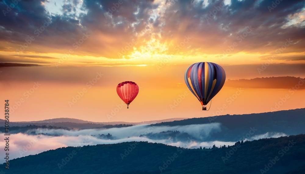 beautiful inspirational landscape with hot air balloon flying in the sky, travel destination beautiful inspirational landscape with hot air balloon flying in the sky, travel destination