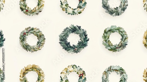 Multiple decorative wreaths arranged in a grid pattern on a light background, showcasing various green and natural textures.