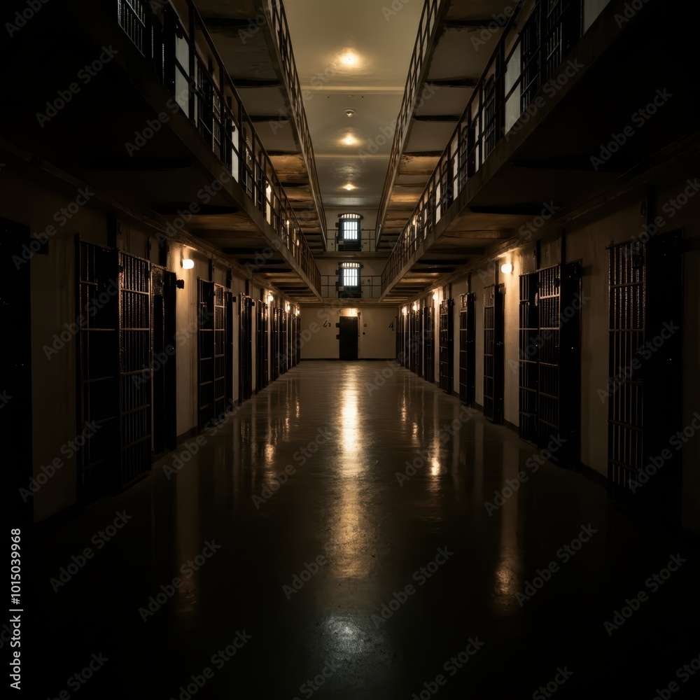 Fototapeta premium Prison corridor interior with rows of cells and locked doors illuminated by ceiling lights,