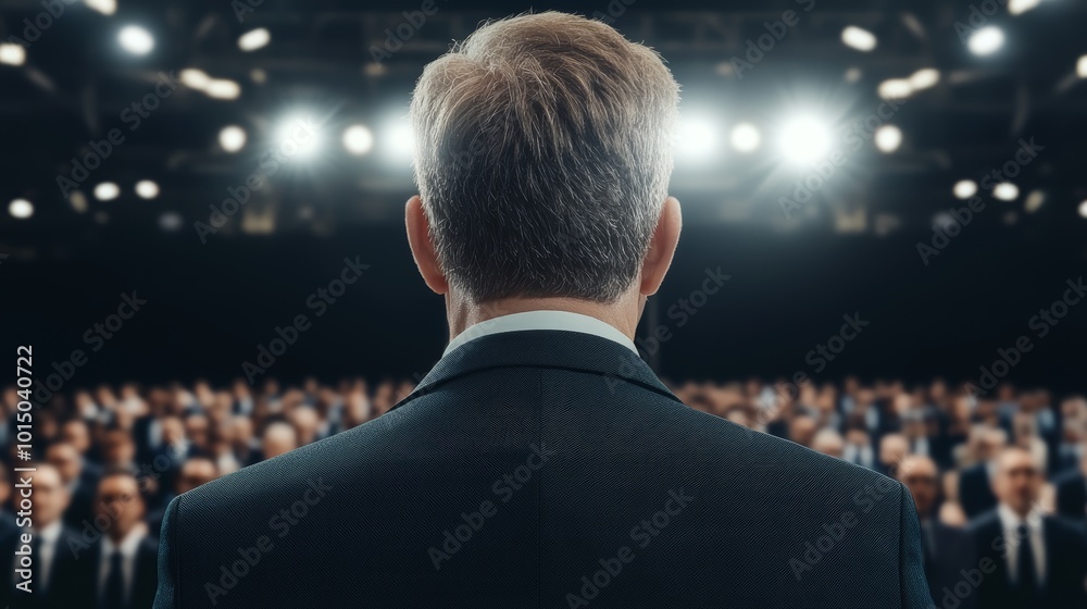 A speaker addressing a large audience, showcasing the dynamic interaction between presenter and crowd. A speaker addressing a large audience, showcasing the dynamic interaction between presenter and crowd.