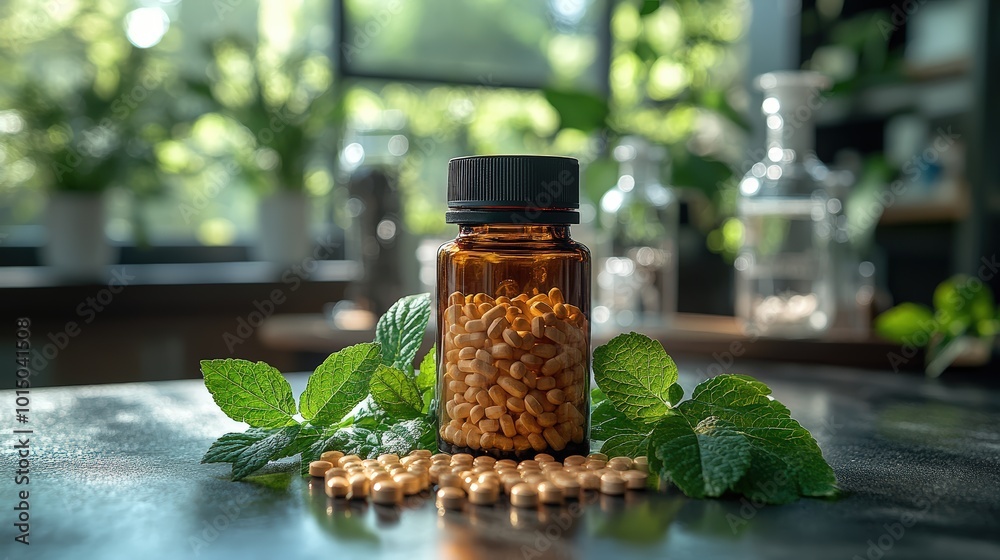Capsules of pills and plant leaves on a green background symbolize a healthy lifestyle with vitamins and nutritional supplements Capsules of pills and plant leaves on a green background symbolize a healthy lifestyle with vitamins and nutritional supplements