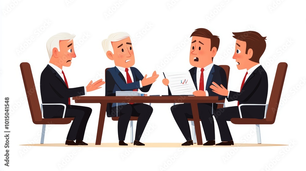 Four business professionals engaged in a serious discussion around a table. Four business professionals engaged in a serious discussion around a table.