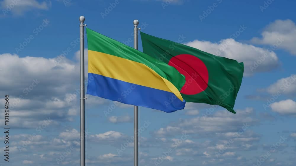 Bangladesh and Gabon flags flying together, video concept of the relationship, two country relations concept Bangladesh and Gabon flags flying together, video concept of the relationship, two country relations concept
