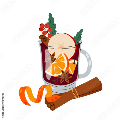 Gluhwein. Hot autumn or winter drink. Mulled wine with cinnamon, apple, orange, anise and cloves. Flat illustration of a wine drink.