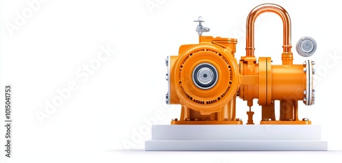 Industrial orange pump with pipes against a white isolated background.