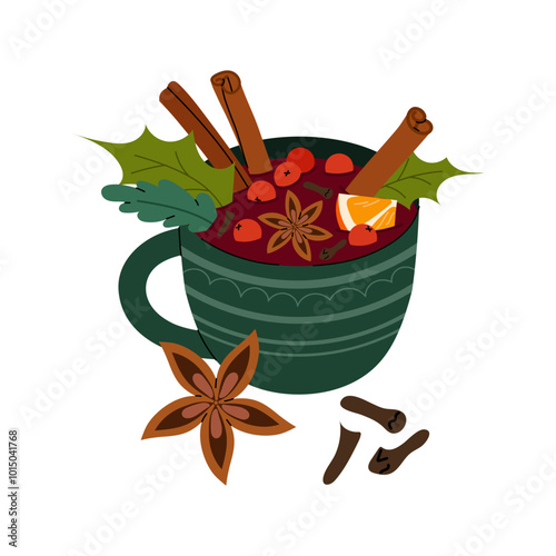 Mulled wine. Christmas mug with hot drink. A wine drink with spices and a cinnamon stick. Hot wine drink. National Mulled Wine Day.