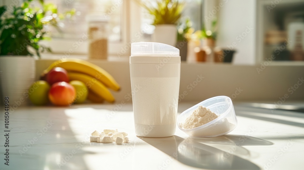 Protein powder container with scoops on a kitchen countertop. Protein powder container with scoops on a kitchen countertop.