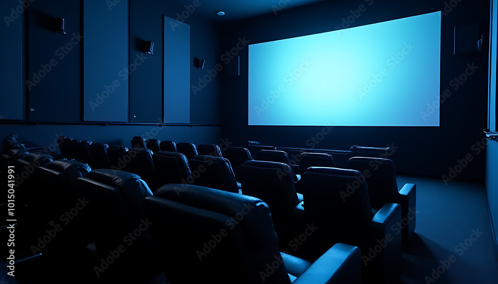 Modern cinema hall with sleek black recliners and a large glowing screen, casting light across the seats._00001_ Modern cinema hall with sleek black recliners and a large glowing screen, casting light across the seats._00001_