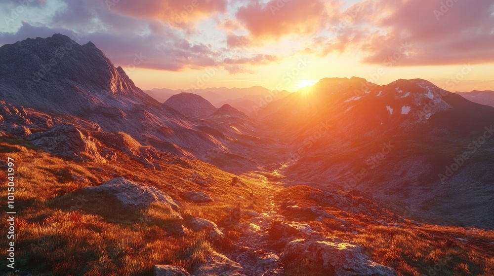 Hiking towards the Sunset in a Majestic Mountain Landscape 3d animation Hiking towards the Sunset in a Majestic Mountain Landscape 3d animation