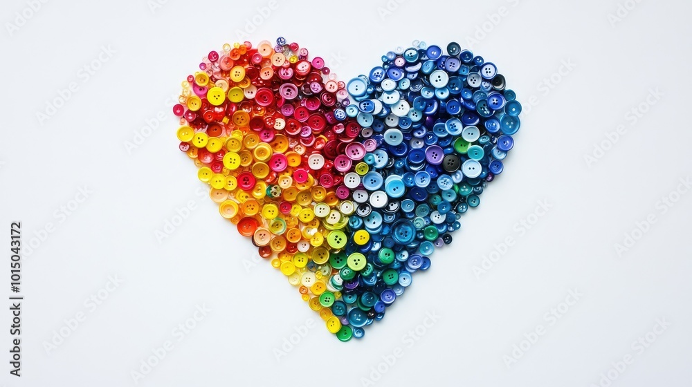 A heart created from bright plastic buttons on a white background, focusing on symmetry and color diversity. A heart created from bright plastic buttons on a white background, focusing on symmetry and color diversity.