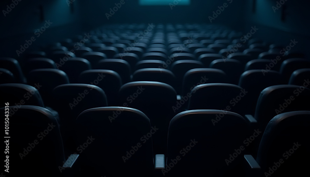 Rows of elegant black seats in a modern cinema, the soft glow of the screen illuminating the room._00001_ Rows of elegant black seats in a modern cinema, the soft glow of the screen illuminating the room._00001_
