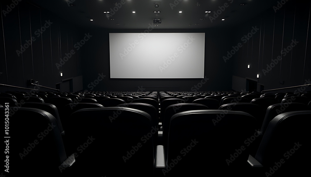 Rows of elegant black seats in a spacious cinema hall, the glowing screen casting soft light across the room._00001_ Rows of elegant black seats in a spacious cinema hall, the glowing screen casting soft light across the room._00001_