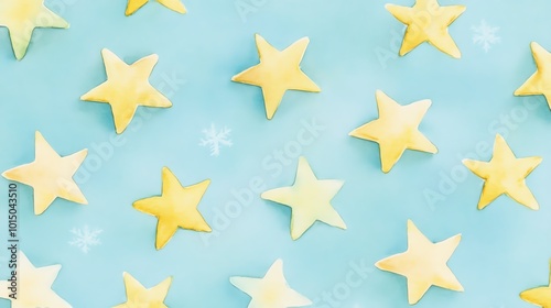 Golden stars scattered on a light blue background create a whimsical and dreamy pattern, perfect for festive and creative designs.