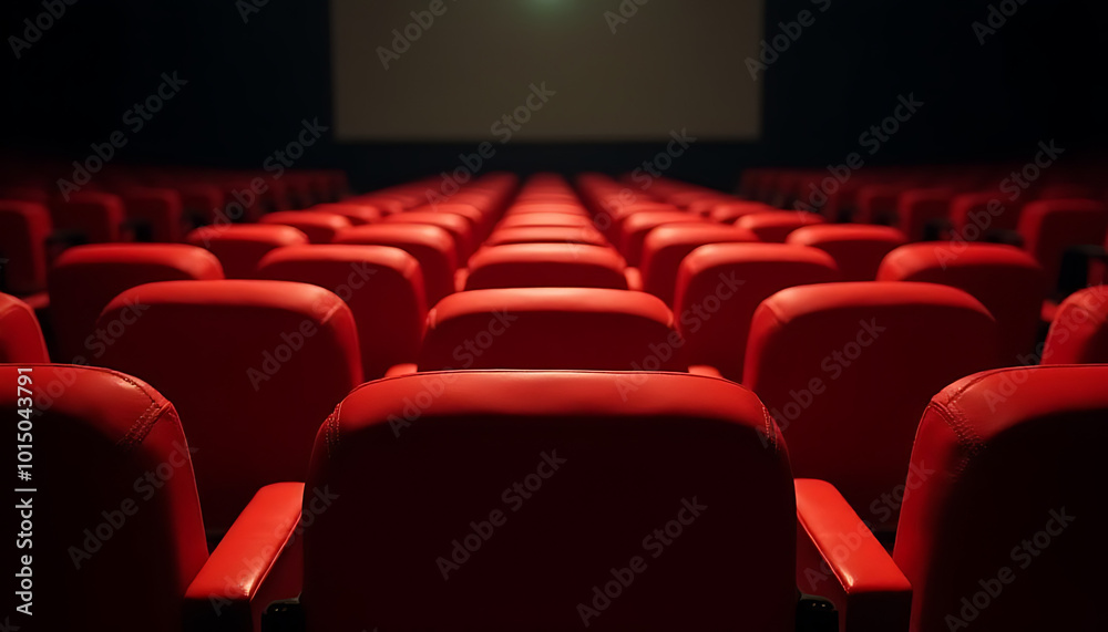 Rows of polished red seats in a spacious cinema hall, illuminated softly by the glowing screen._00002_