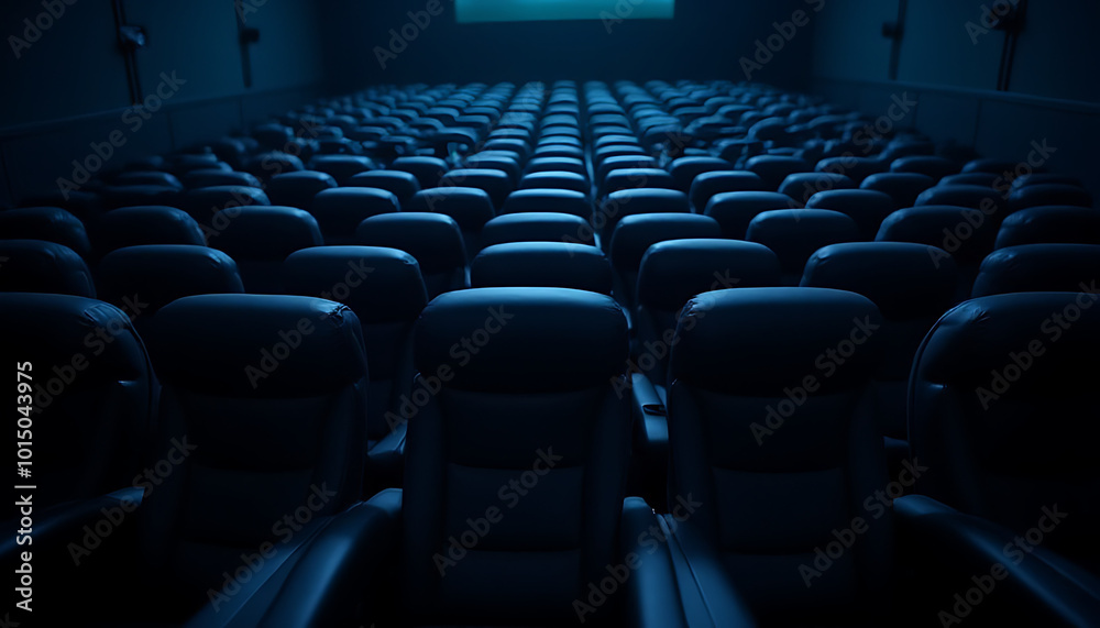 Naklejka premium Rows of sleek black recliner seats in a grand cinema hall, illuminated softly by the glowing screen._00001_