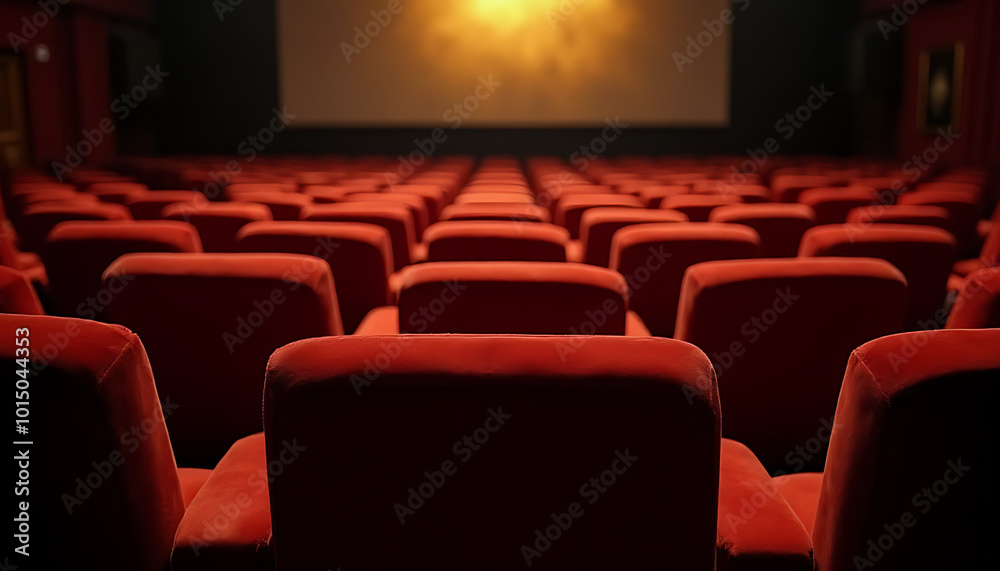Obraz premium Rows of velvet seats in a grand vintage theater, with soft lighting from the glowing screen._00001_