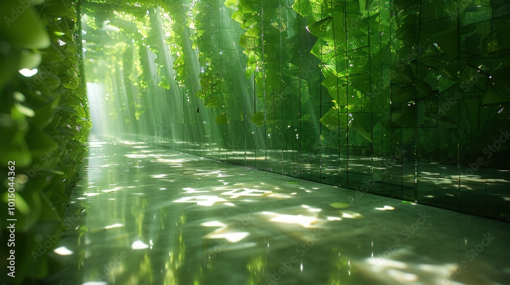 Obraz premium Sunlight filters through the misty forest, illuminating a cascading waterfall that flows into a tranquil stream