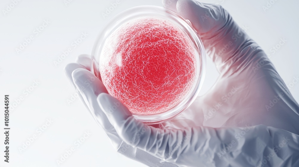A gloved hand holds a petri dish containing vibrant red culture medium against a bright white background. A gloved hand holds a petri dish containing vibrant red culture medium against a bright white background.