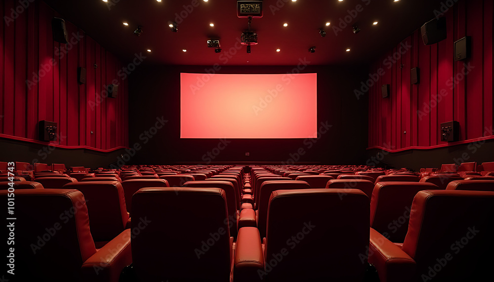 Obraz premium Spacious cinema hall with luxurious seats and a glowing screen, creating a serene ambiance._00001_