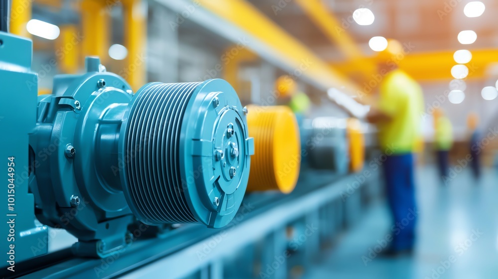 Obraz premium A factory producing electric motors for industrial machinery, with workers overseeing the process, electric motor production, industrial machinery manufacturing