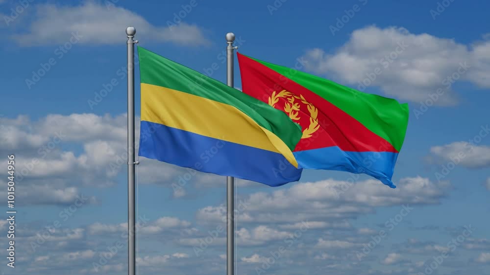 Eritrea and Gabon flags flying together, video concept of the relationship, two country cooperation concept Eritrea and Gabon flags flying together, video concept of the relationship, two country cooperation concept