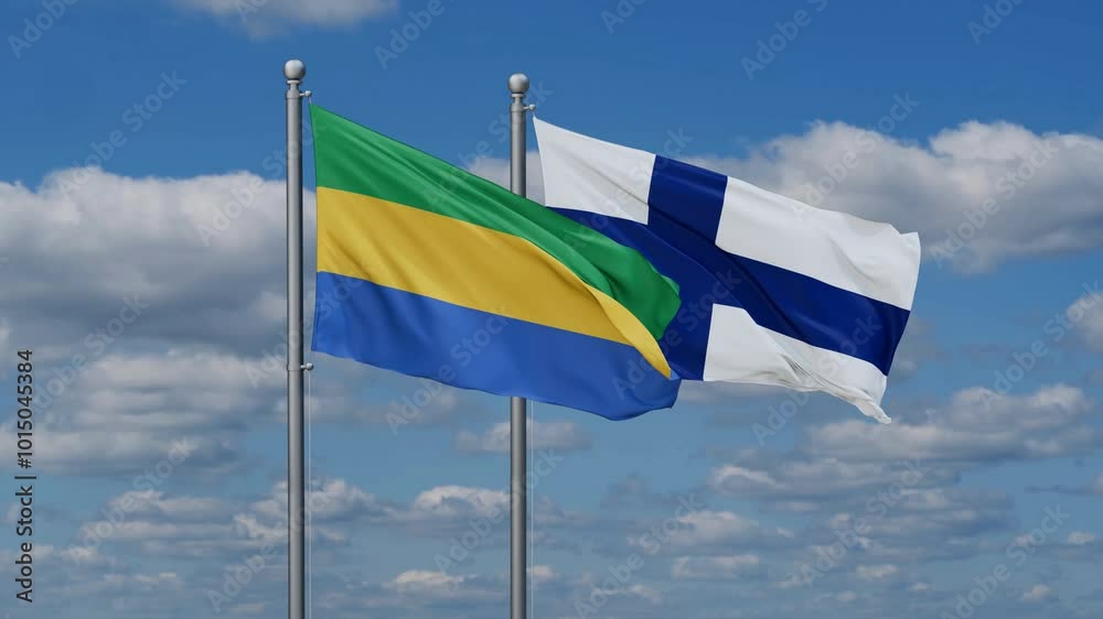 Finland and Gabon flags flying together, video concept of the relationship, two country relations concept Finland and Gabon flags flying together, video concept of the relationship, two country relations concept