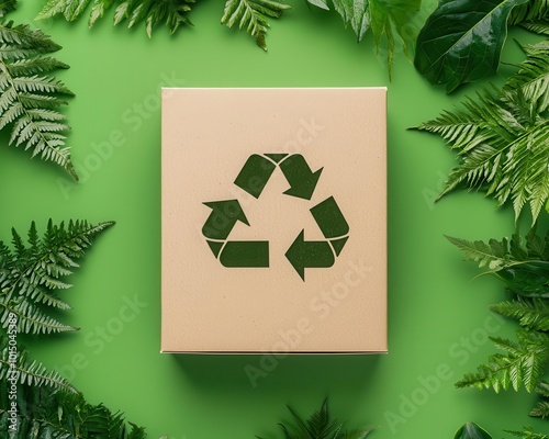 Wallpaper Mural Kraft paper box with eco-friendly logos and plant leaves surrounding it, green packaging concept Torontodigital.ca