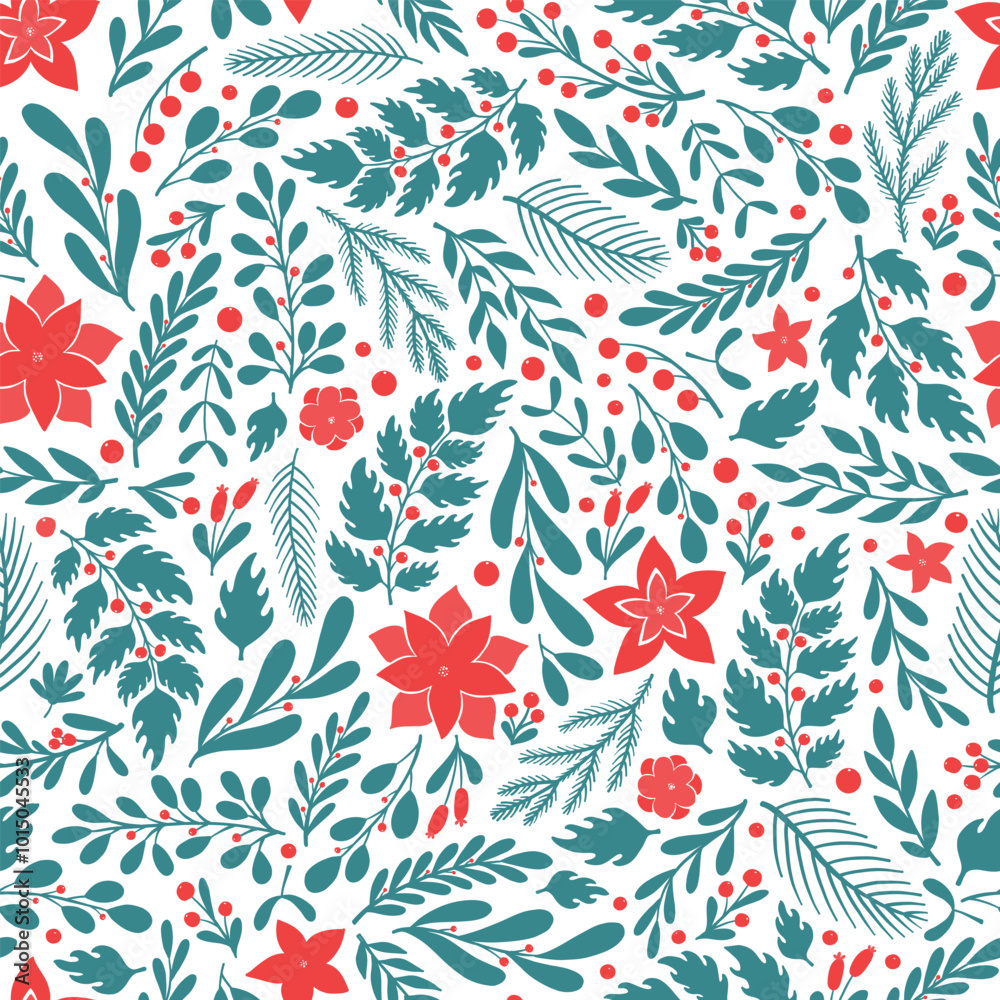 Fototapeta premium Christmas floral elements seamless pattern for wallpaper, textile prints, bedding, gift wrap and packaging, scrapbooking, backgrounds, digital paper, etc. EPS 10