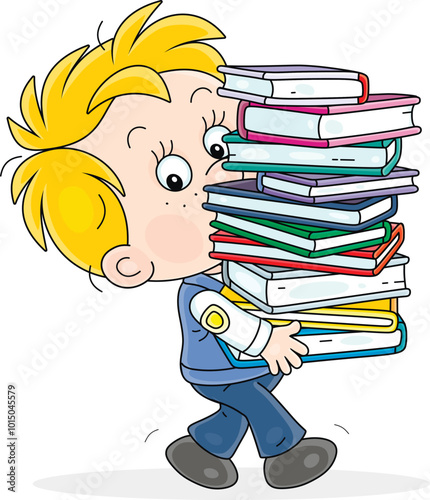 Funny schoolboy carrying a stack of school textbooks, vector cartoon illustration on a white background